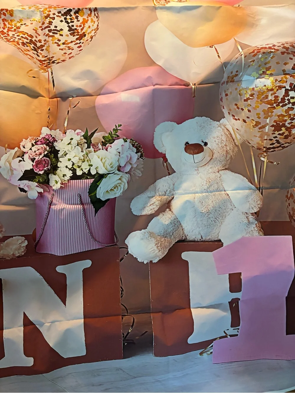 1st Birthday Girl Pink Party Napkins and Sash Set with photo backdrop and banner